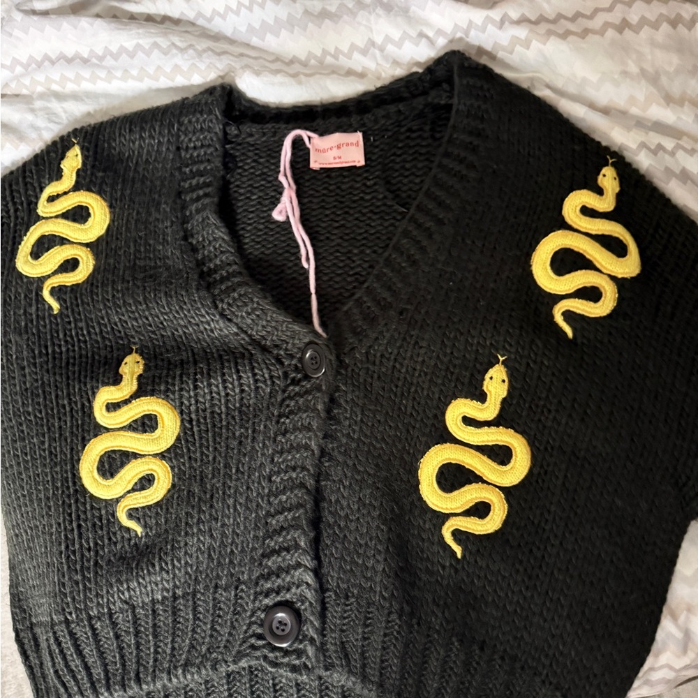House of Sunny Black Cardigan with Yellow Snake Design